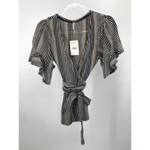 Free People Wrapped Around My Finger M Striped Knit Short Sleeve Wrap Blouse - Picture 1 of 10